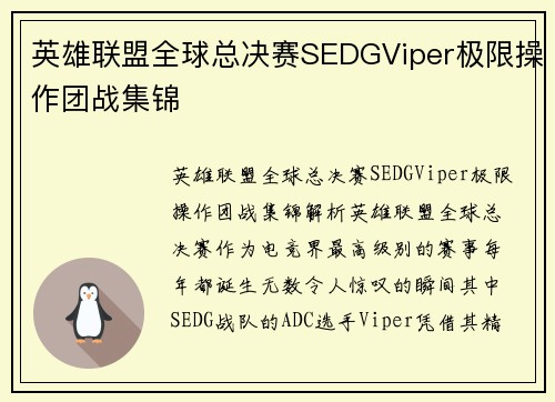 英雄联盟全球总决赛SEDGViper极限操作团战集锦